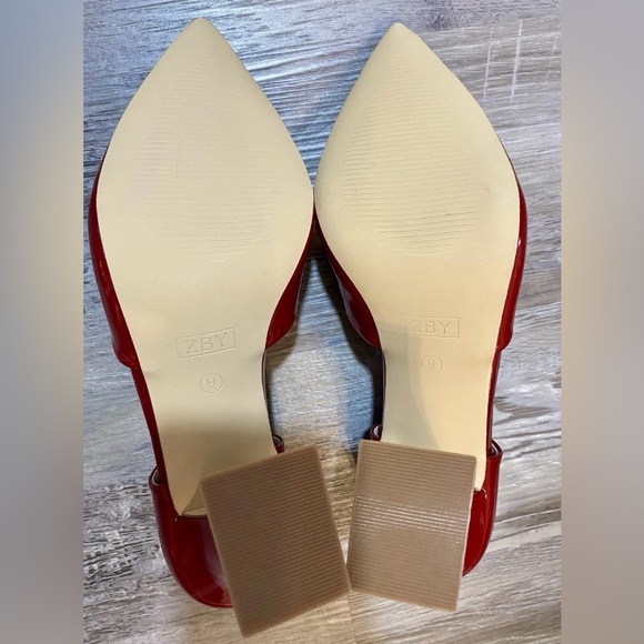 Red Chunky High Heel Shoes Pointed Toe, Ankle strap, Leather Upper Woman's 9 M - Picture 5 of 14